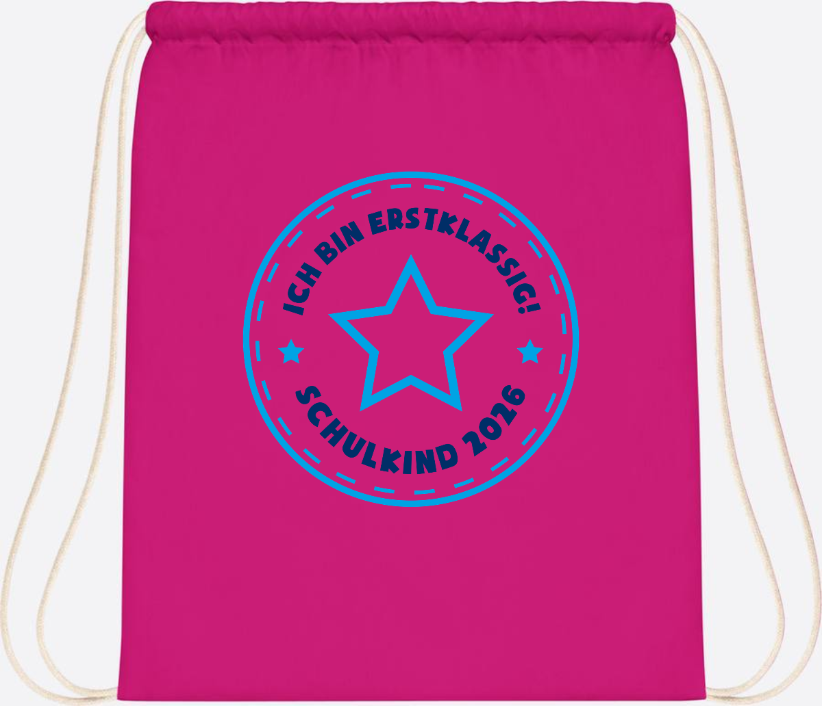Turnbeutel Schulkind 2026 – Erstklassig Stern Blau - Fuchsia