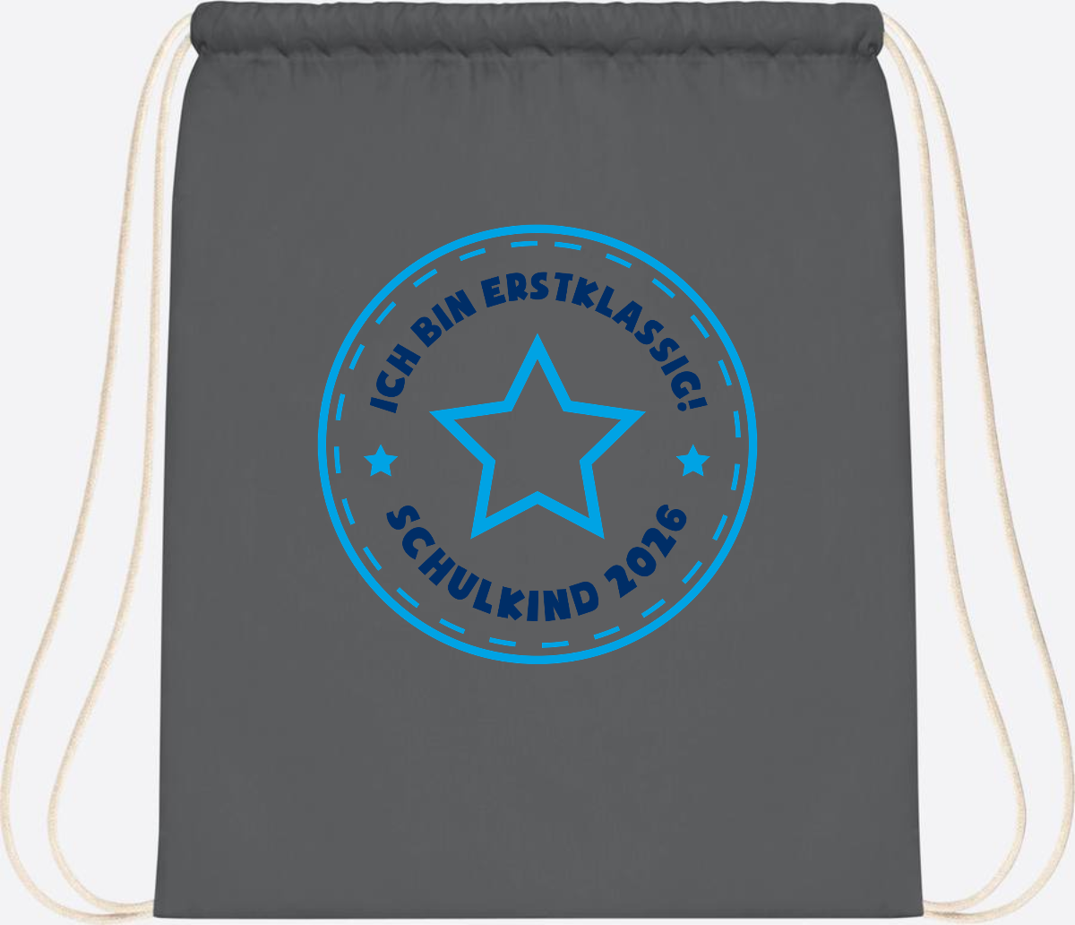 Turnbeutel Schulkind 2026 – Erstklassig Stern Blau - Graphite Grey