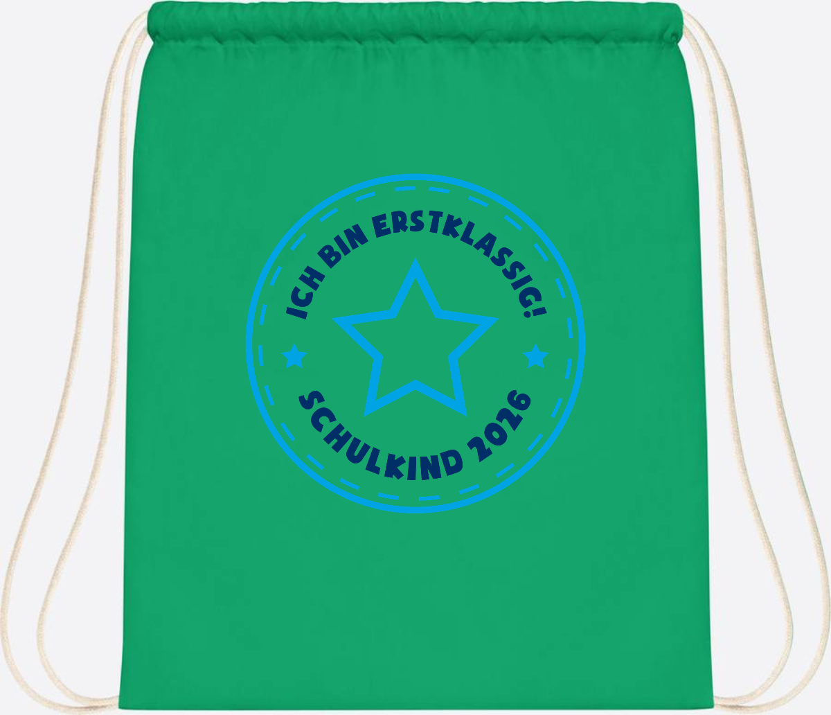 Turnbeutel Schulkind 2026 – Erstklassig Stern Blau - Kelly Green