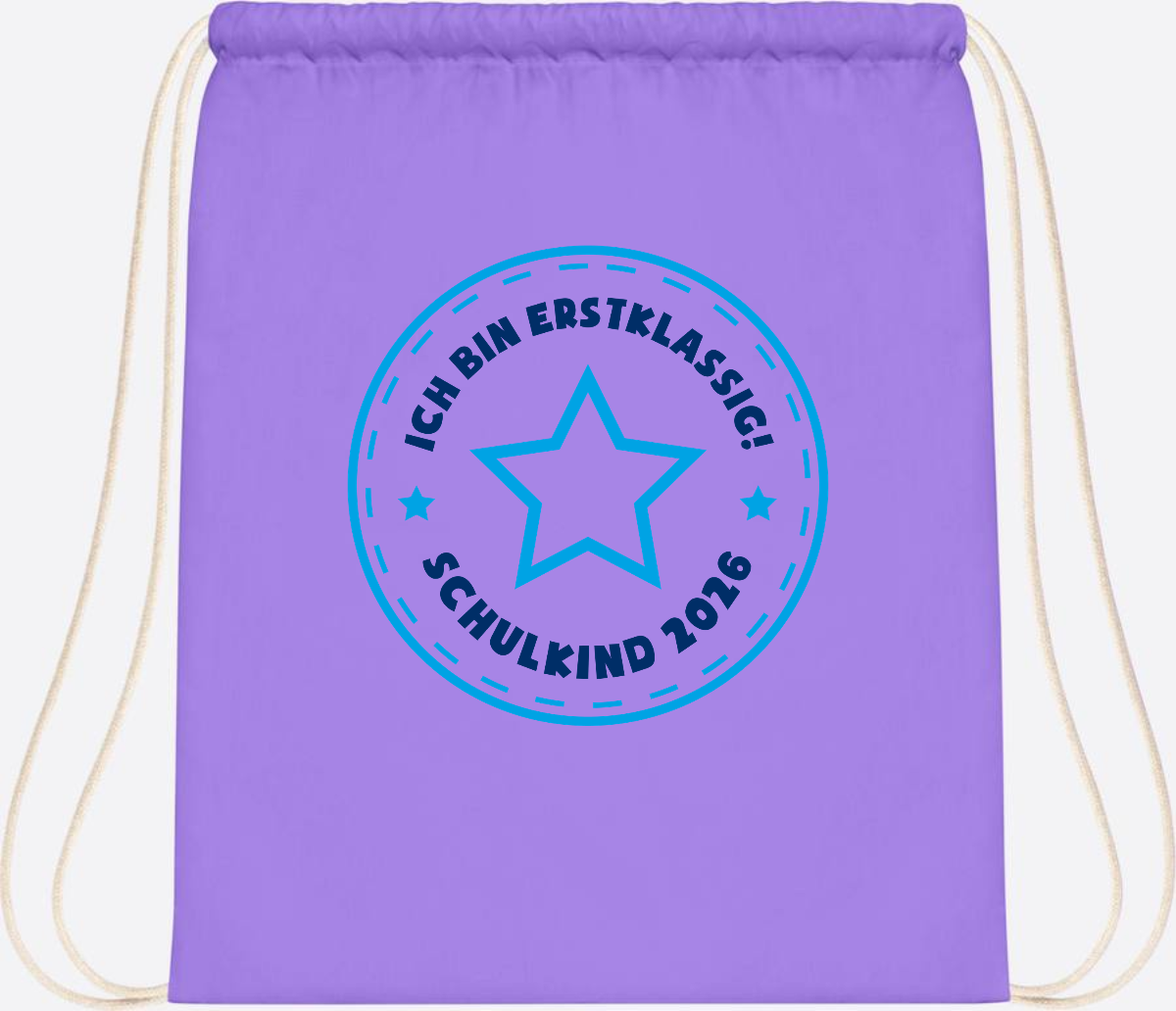 Turnbeutel Schulkind 2026 – Erstklassig Stern Blau - Lavender/White