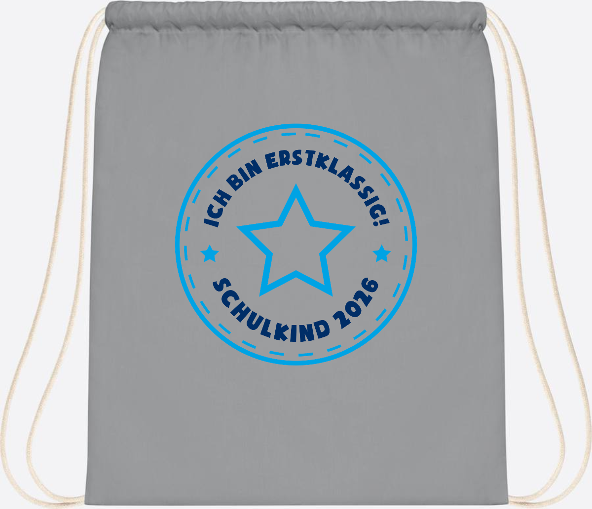 Turnbeutel Schulkind 2026 – Erstklassig Stern Blau - Light Grey