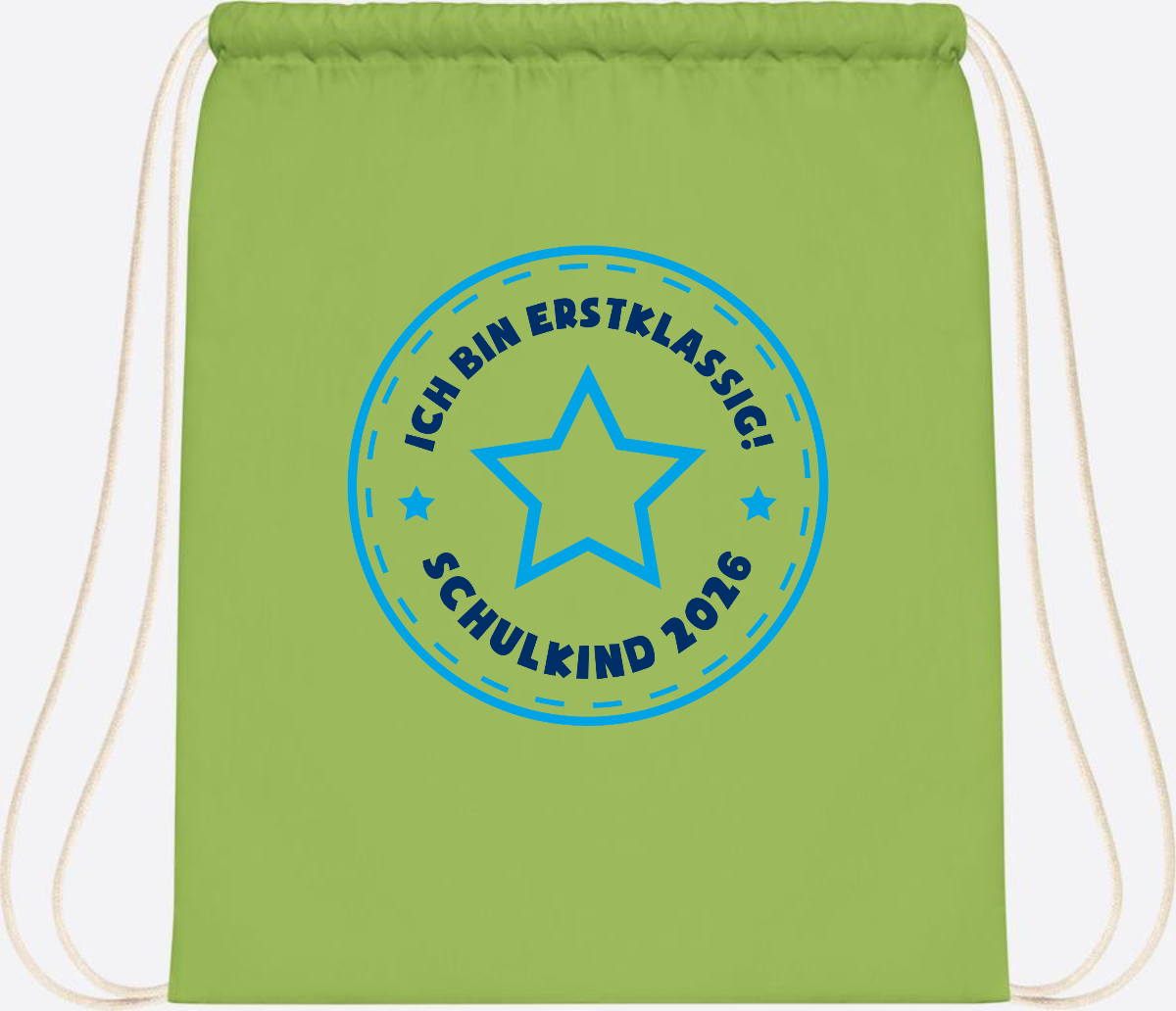 Turnbeutel Schulkind 2026 – Erstklassig Stern Blau - Lime Green