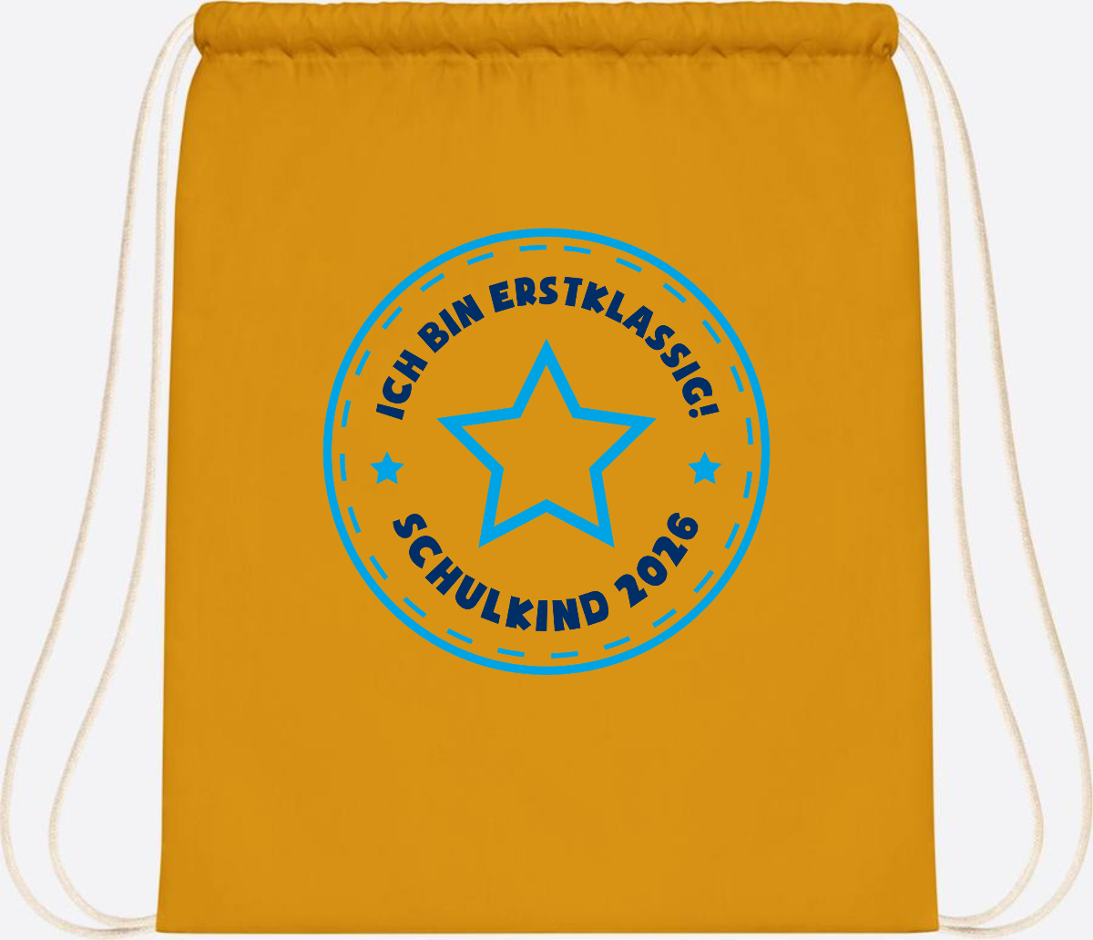 Turnbeutel Schulkind 2026 – Erstklassig Stern Blau - Mustard