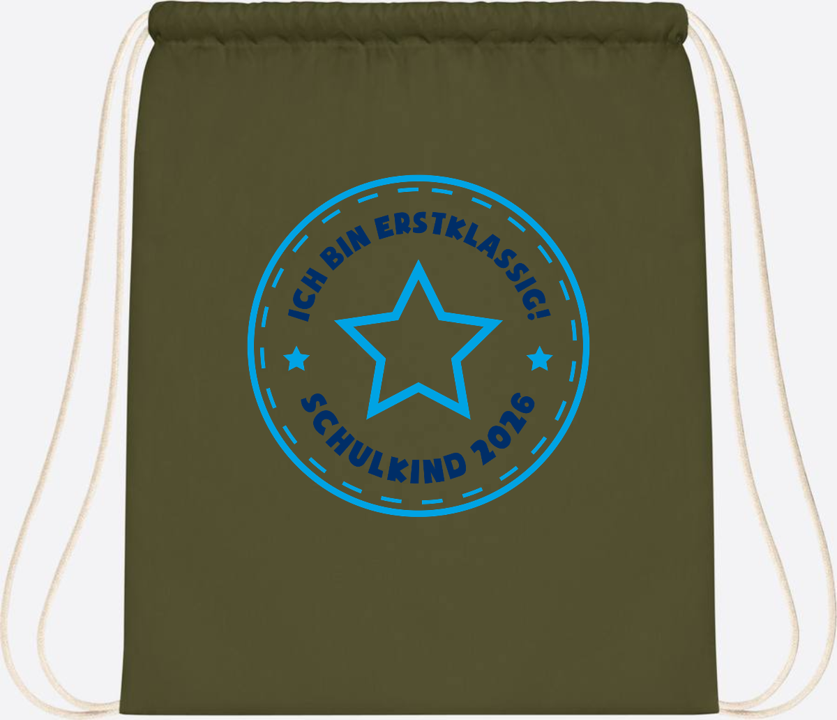 Turnbeutel Schulkind 2026 – Erstklassig Stern Blau - Olive Green