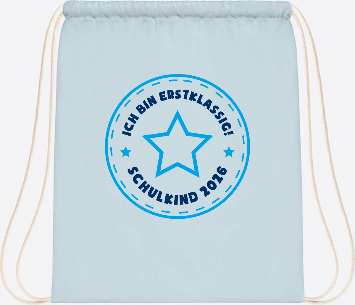 Turnbeutel Schulkind 2026 – Erstklassig Stern Blau - Pastel Blue/White