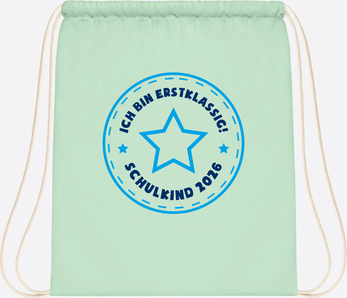 Turnbeutel Schulkind 2026 – Erstklassig Stern Blau - Pastel Mint/White