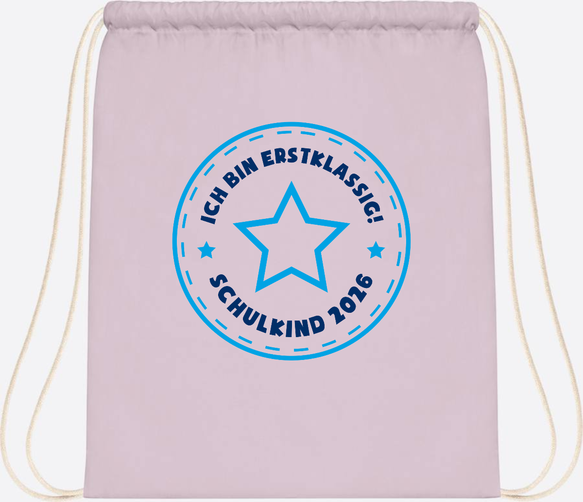 Turnbeutel Schulkind 2026 – Erstklassig Stern Blau - Pastel Pink/White