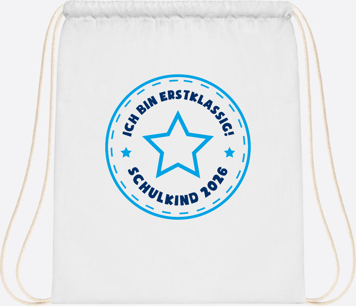 Turnbeutel Schulkind 2026 – Erstklassig Stern Blau - White