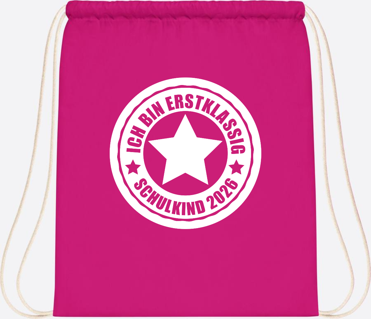 Turnbeutel Schulkind 2026 – Ich bin erstklassig mit Name - Fuchsia