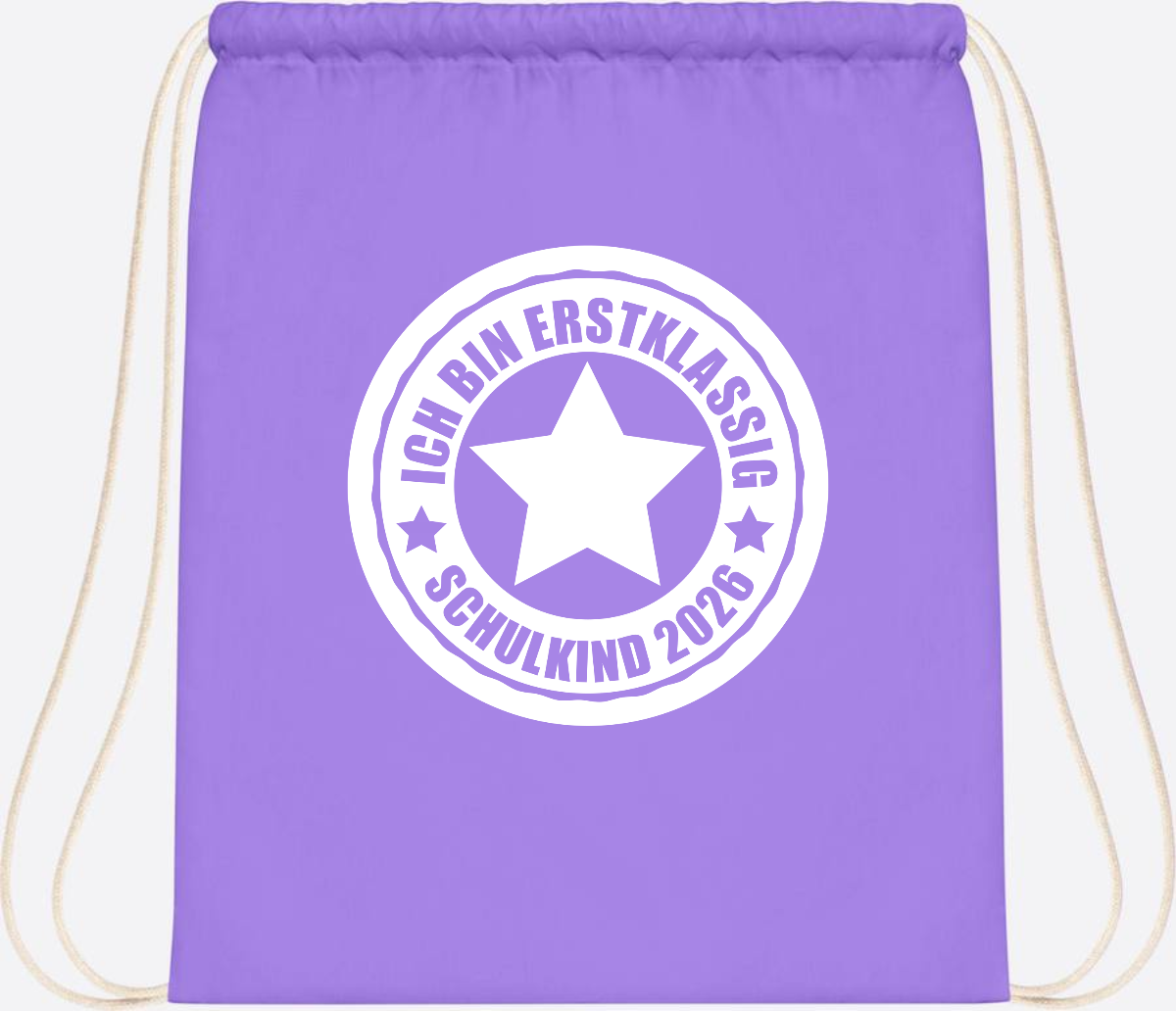 Turnbeutel Schulkind 2026 – Ich bin erstklassig mit Name - Lavender/White