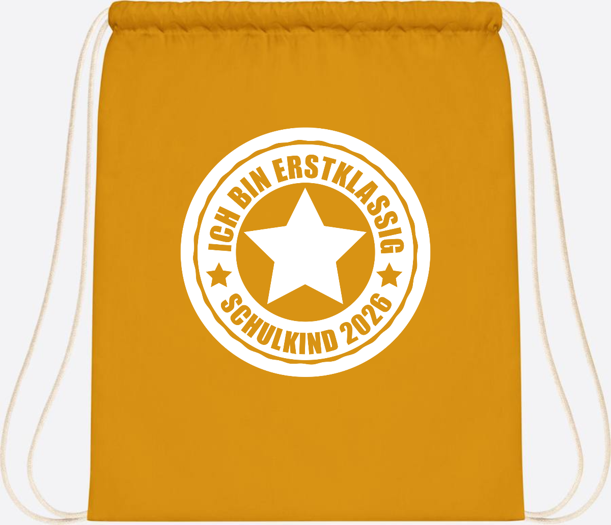 Turnbeutel Schulkind 2026 – Ich bin erstklassig mit Name - Mustard