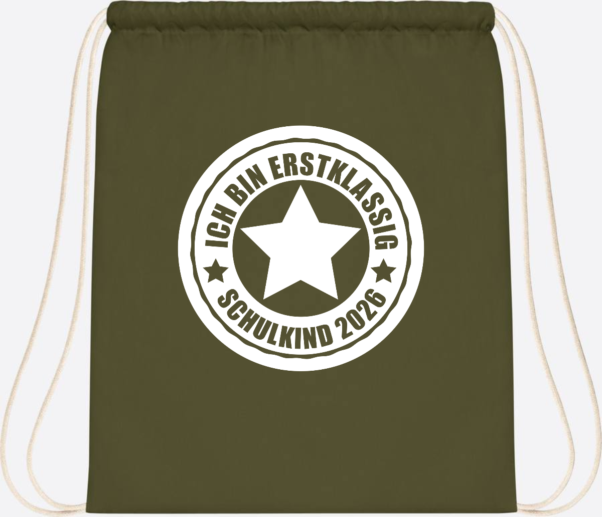Turnbeutel Schulkind 2026 – Ich bin erstklassig mit Name - Olive Green