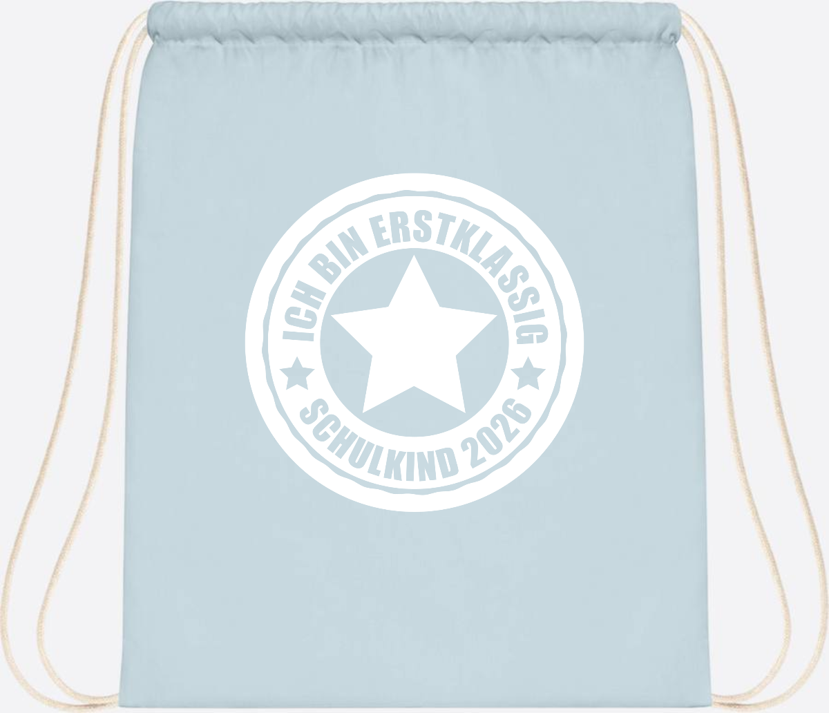 Turnbeutel Schulkind 2026 – Ich bin erstklassig mit Name - Pastel Blue/White