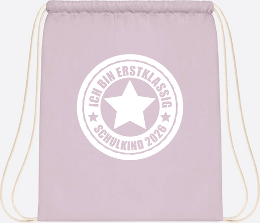 Turnbeutel Schulkind 2026 – Ich bin erstklassig mit Name - Pastel Pink/White