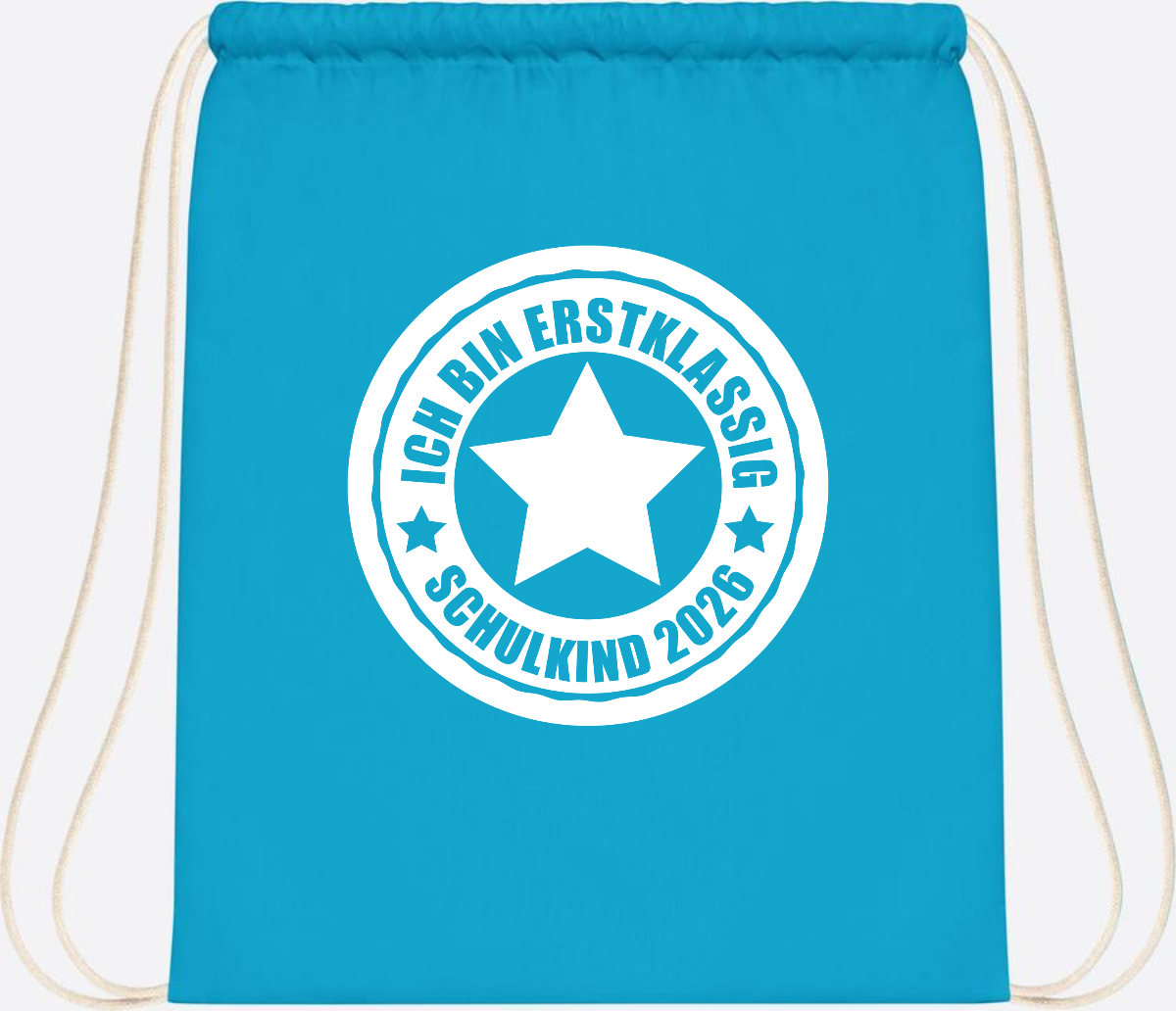 Turnbeutel Schulkind 2026 – Ich bin erstklassig mit Name - Surf Blue