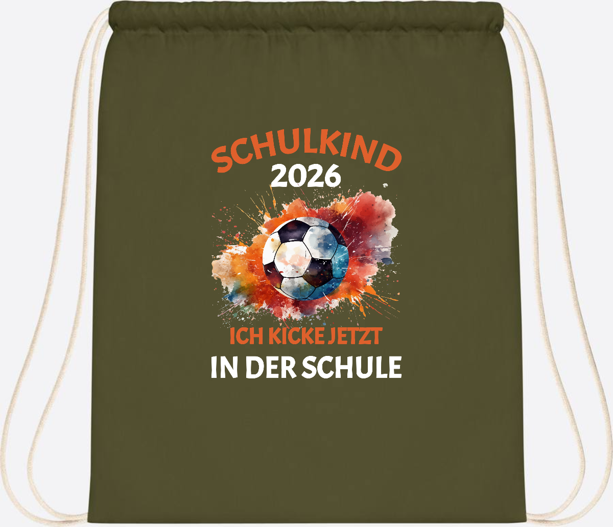 Turnbeutel Schulkind 2026 – Ich kicke jetzt in der Schule - Olive Green