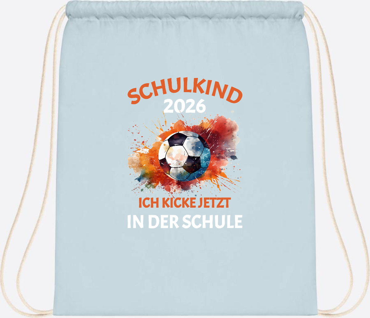 Turnbeutel Schulkind 2026 – Ich kicke jetzt in der Schule - Pastel Blue/White