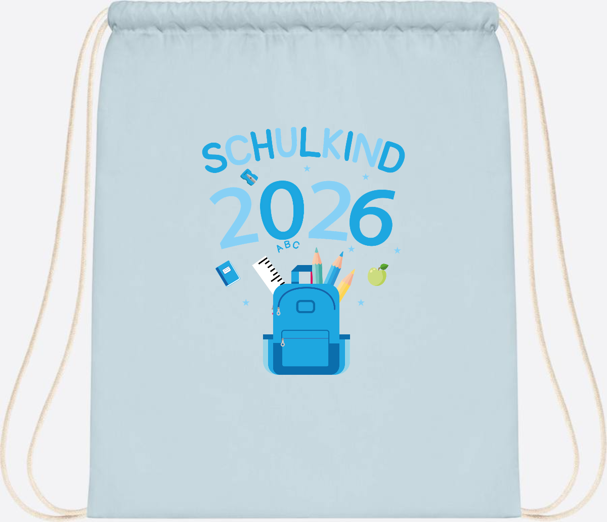 Turnbeutel Schulkind 2026 mit Namen zur Einschulung - Pastel Blue/White