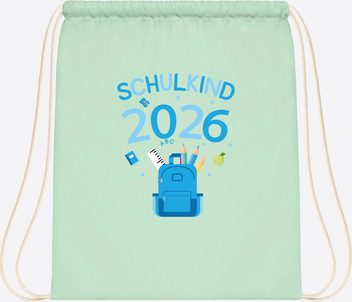 Turnbeutel Schulkind 2026 mit Namen zur Einschulung - Pastel Mint/White