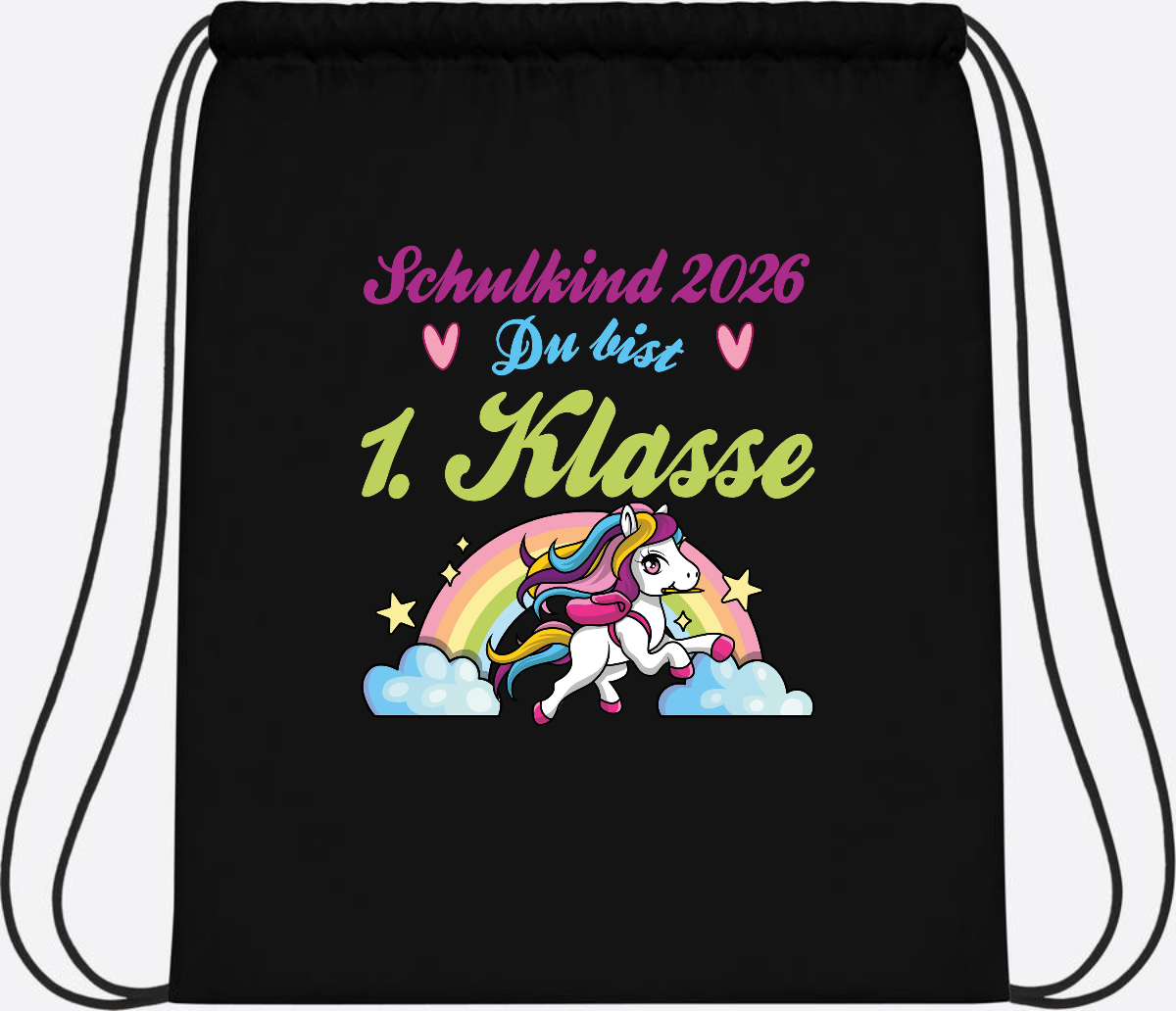 Turnbeutel Schulkind 2026 - Pferd & Regenbogen mit Namen - Black/Black