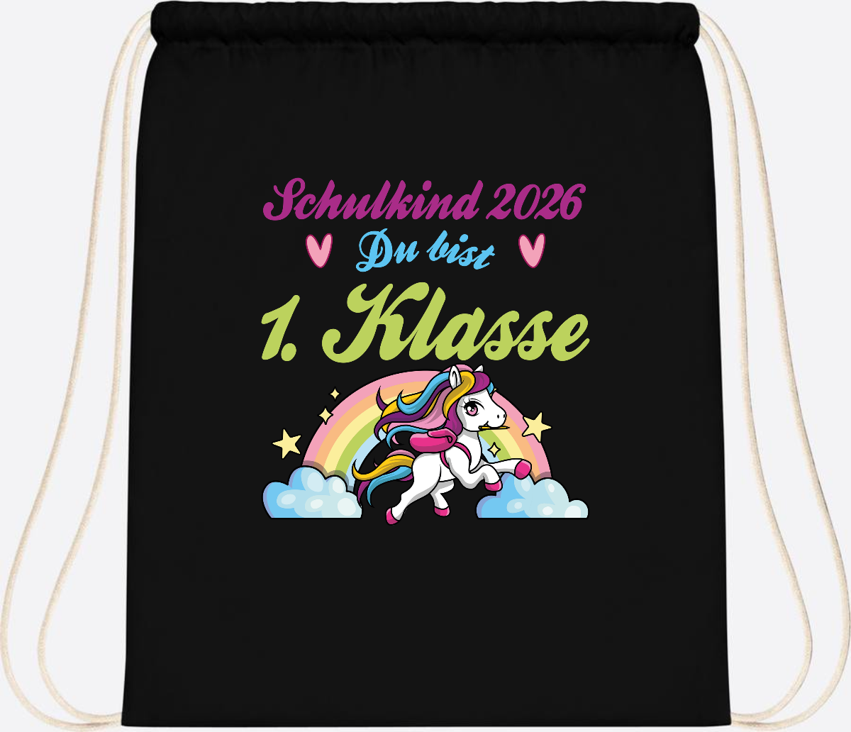 Turnbeutel Schulkind 2026 - Pferd & Regenbogen mit Namen - Black