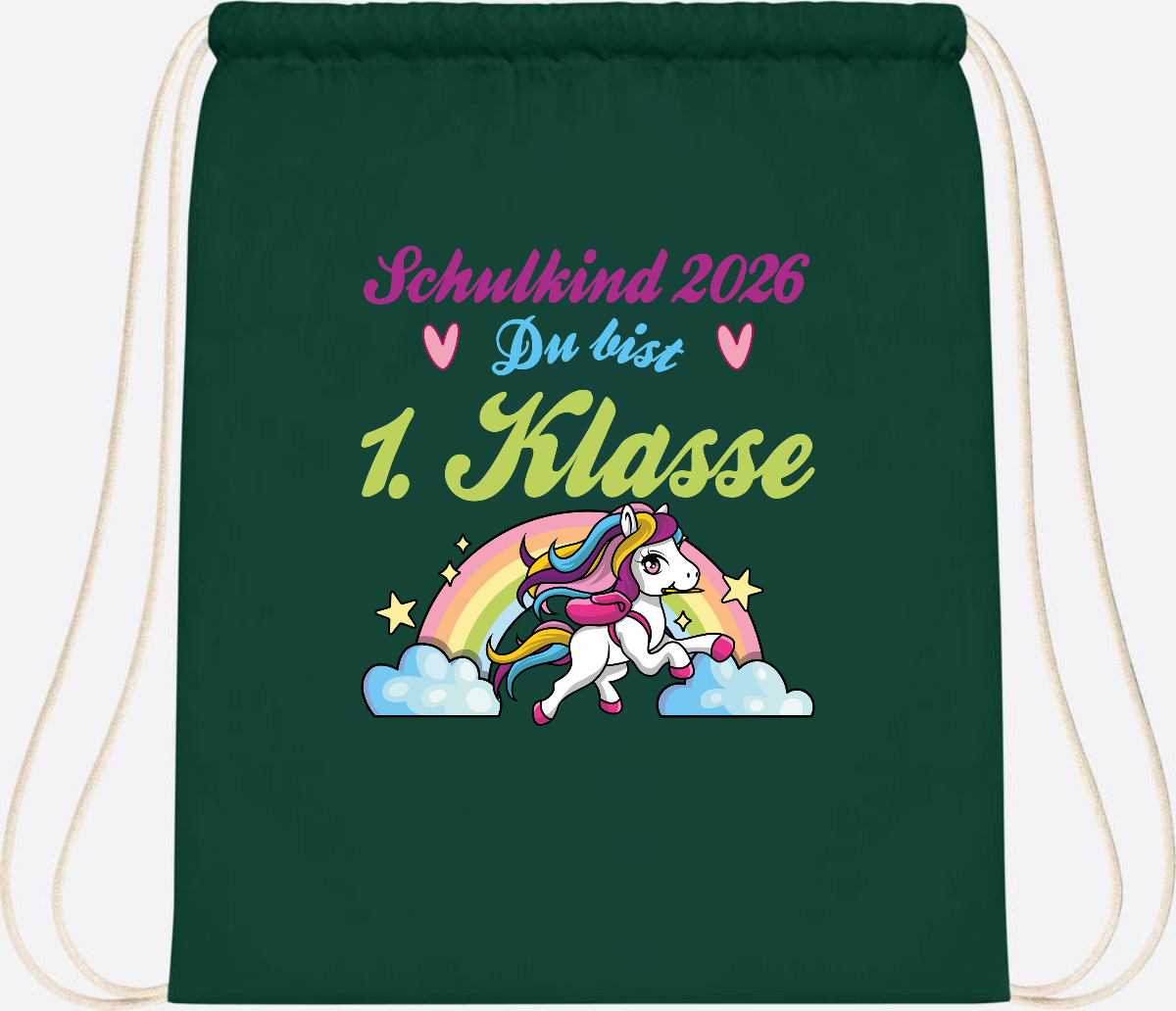 Turnbeutel Schulkind 2026 - Pferd & Regenbogen mit Namen - Bottle Green