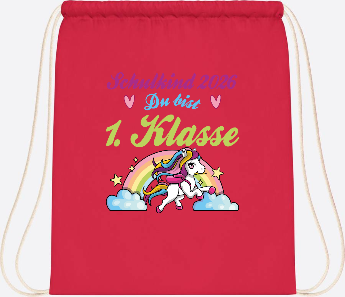 Turnbeutel Schulkind 2026 - Pferd & Regenbogen mit Namen - Bright Red