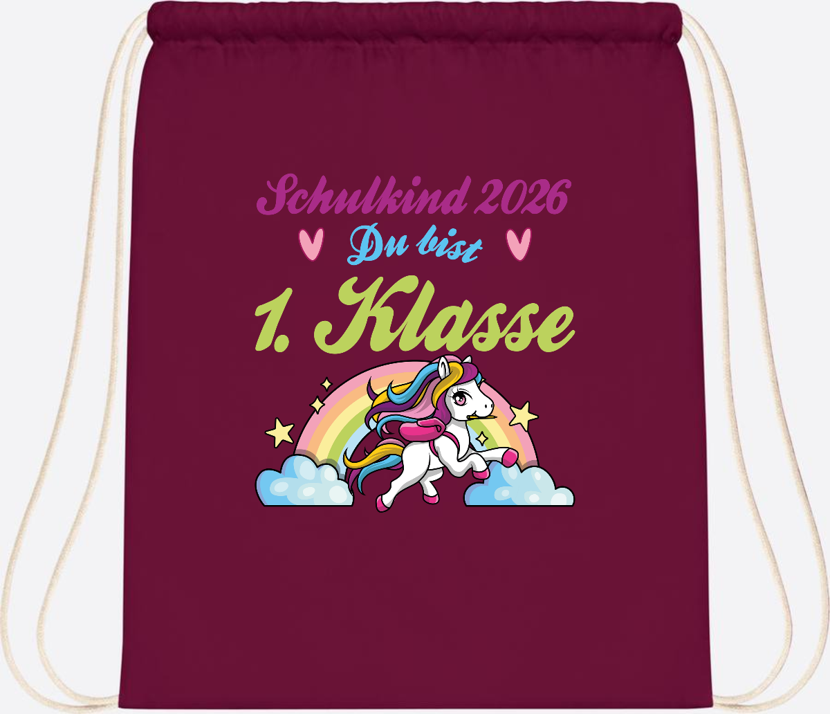 Turnbeutel Schulkind 2026 - Pferd & Regenbogen mit Namen - Burgundy