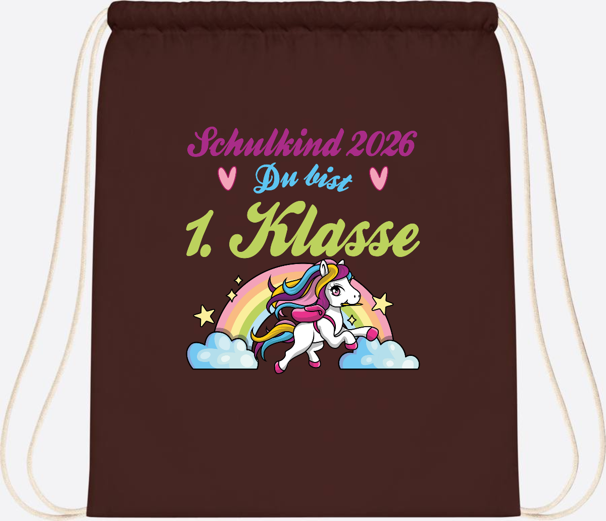 Turnbeutel Schulkind 2026 - Pferd & Regenbogen mit Namen - Chocolate