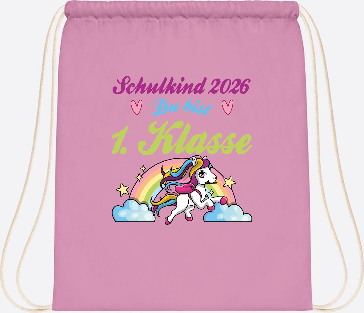 Turnbeutel Schulkind 2026 - Pferd & Regenbogen mit Namen - Classic Pink/White