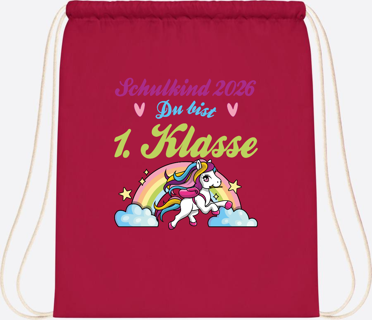 Turnbeutel Schulkind 2026 - Pferd & Regenbogen mit Namen - Classic Red