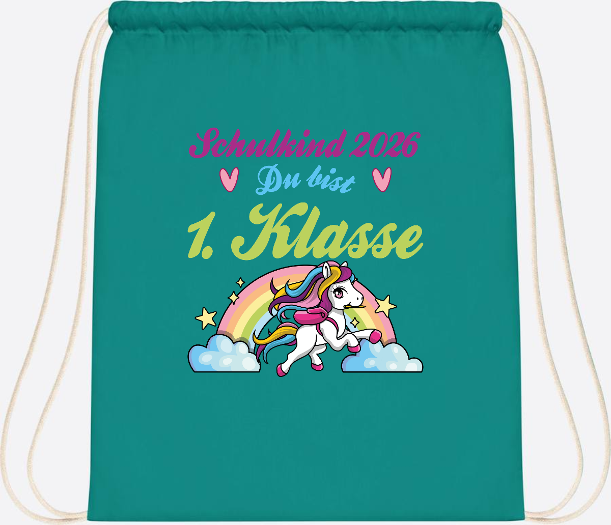 Turnbeutel Schulkind 2026 - Pferd & Regenbogen mit Namen - Emerald