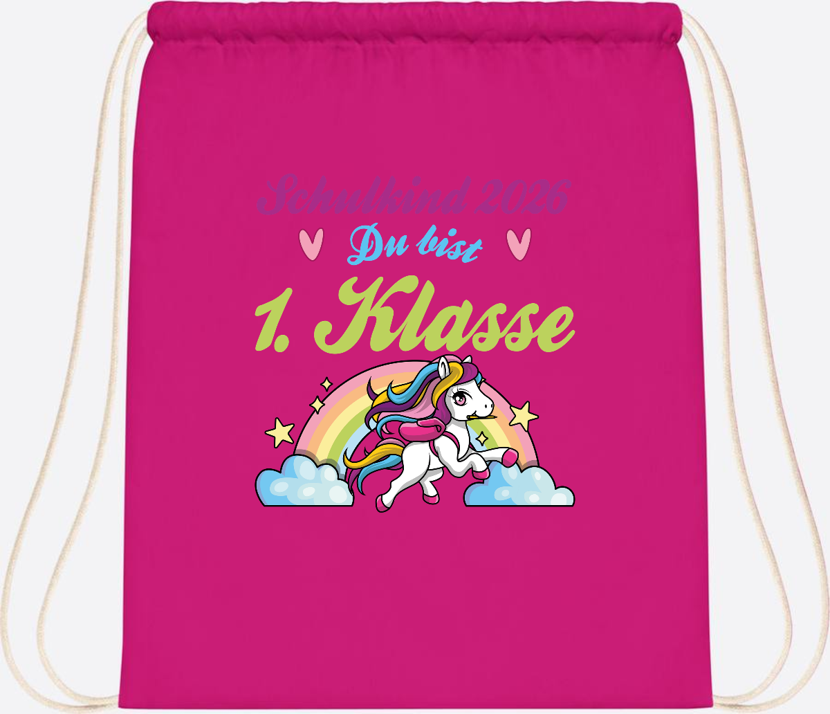 Turnbeutel Schulkind 2026 - Pferd & Regenbogen mit Namen - Fuchsia