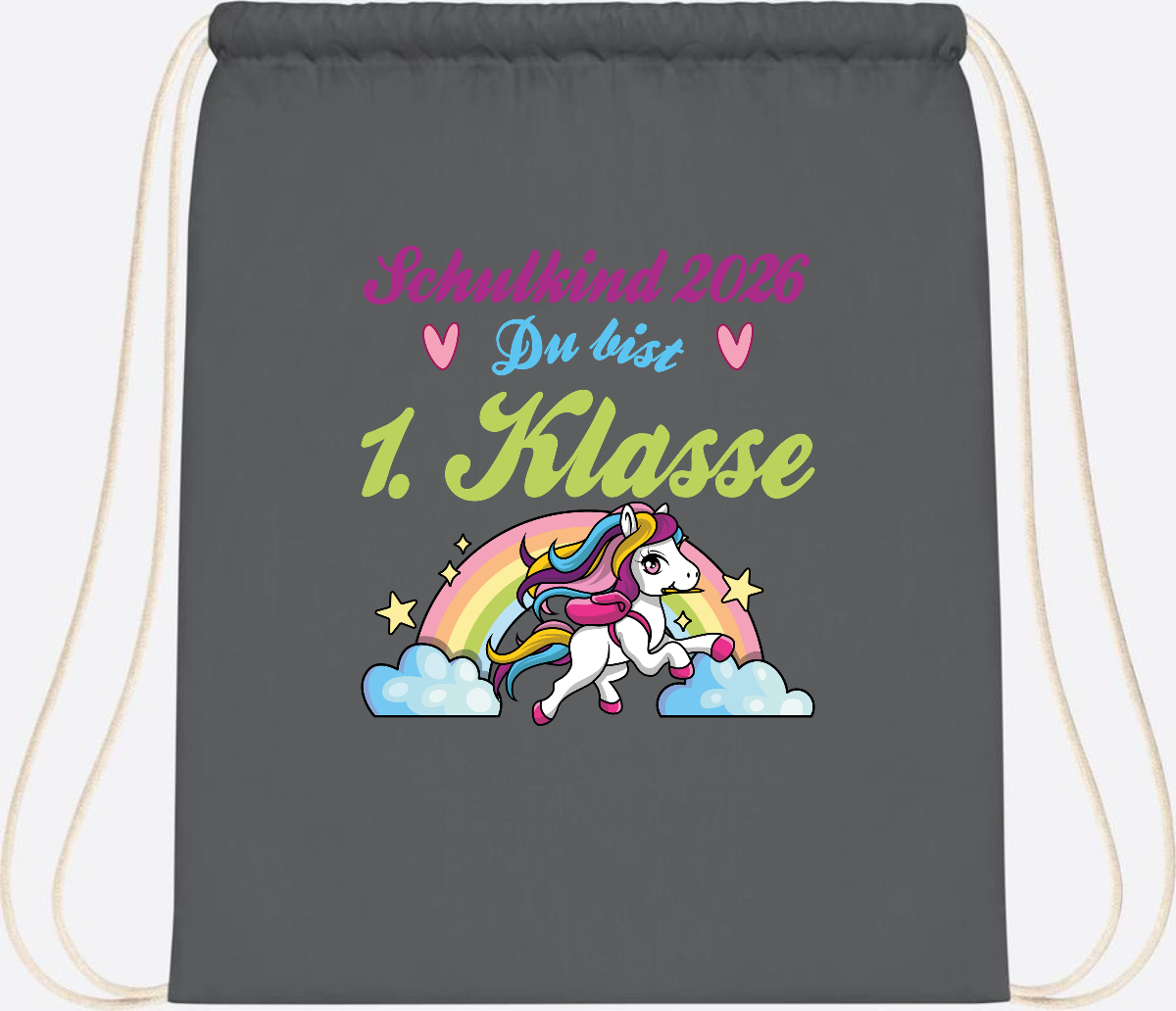 Turnbeutel Schulkind 2026 - Pferd & Regenbogen mit Namen - Graphite Grey