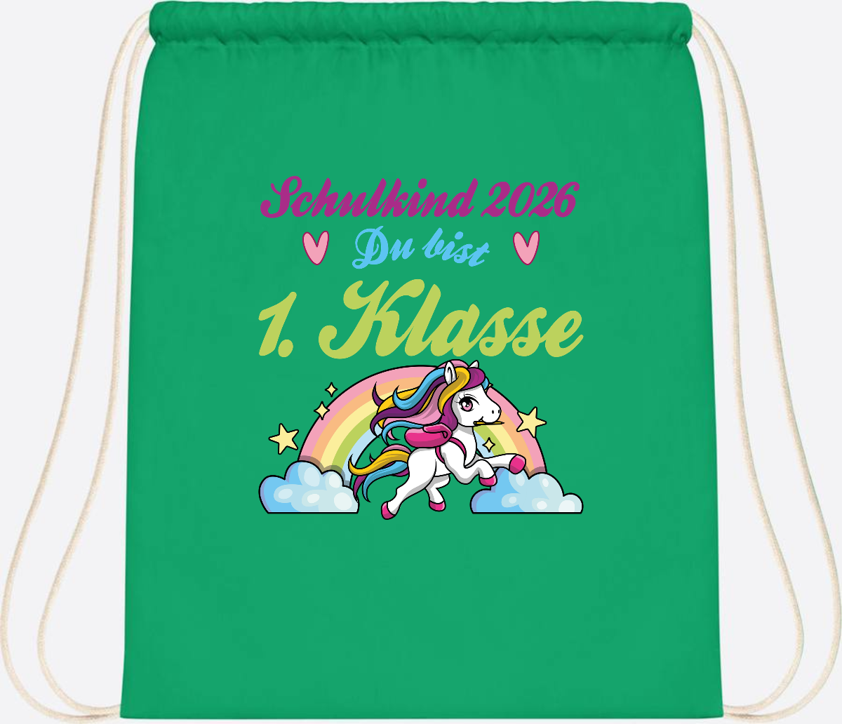 Turnbeutel Schulkind 2026 - Pferd & Regenbogen mit Namen - Kelly Green