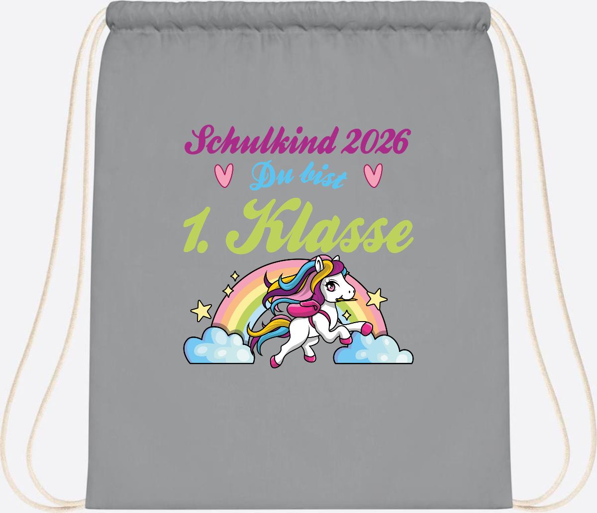 Turnbeutel Schulkind 2026 - Pferd & Regenbogen mit Namen - Light Grey
