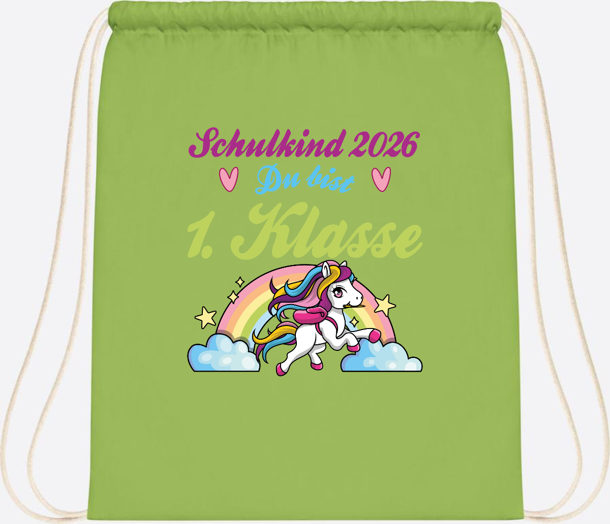 Turnbeutel Schulkind 2026 - Pferd & Regenbogen mit Namen - Lime Green