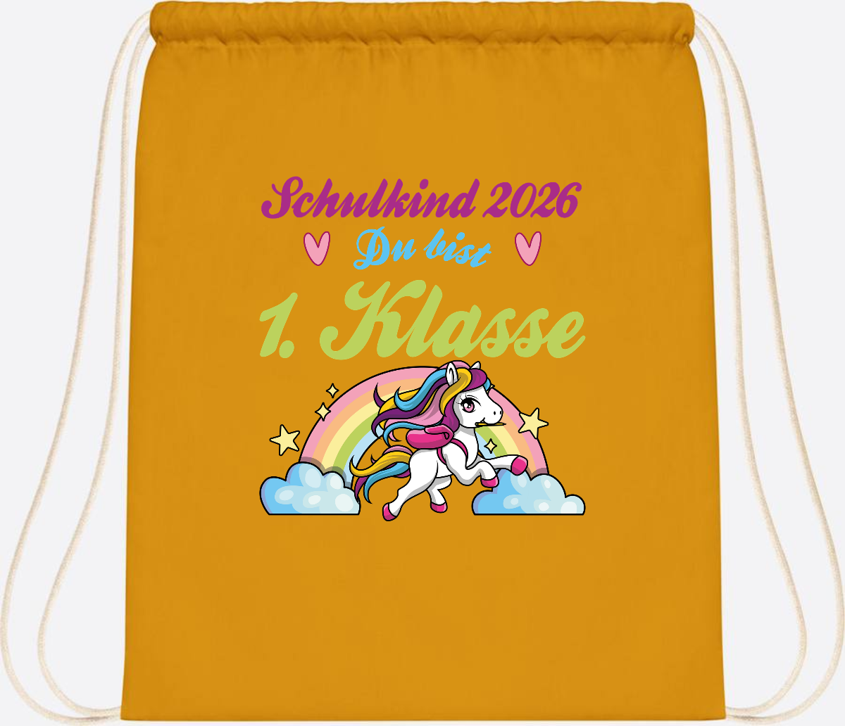 Turnbeutel Schulkind 2026 - Pferd & Regenbogen mit Namen - Mustard