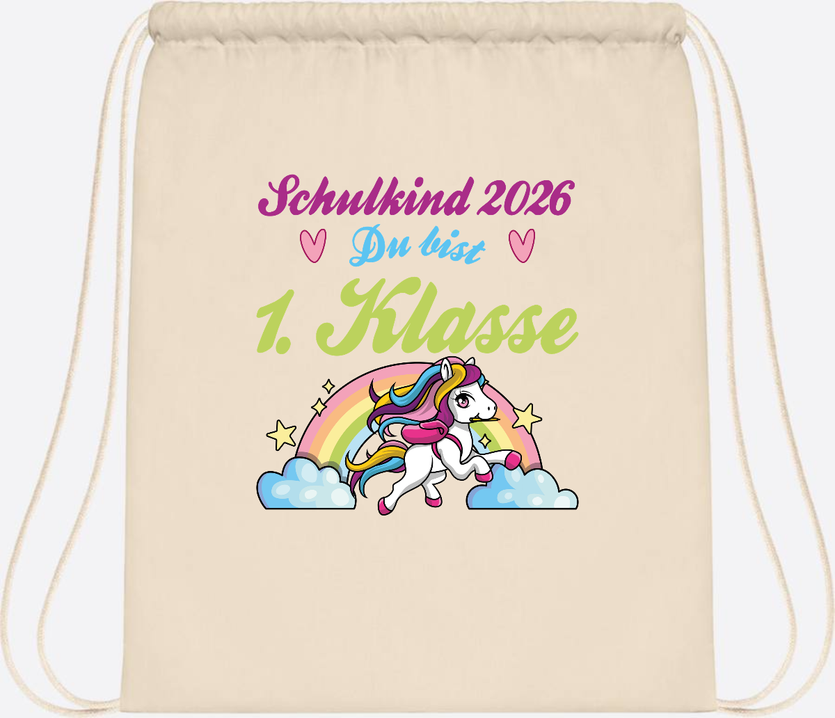 Turnbeutel Schulkind 2026 - Pferd & Regenbogen mit Namen - Natural
