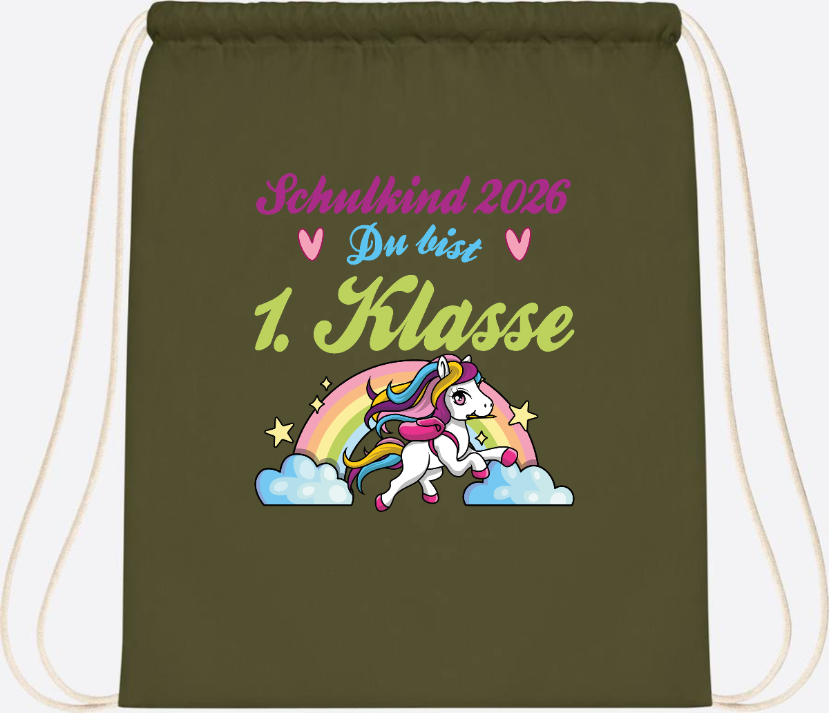 Turnbeutel Schulkind 2026 - Pferd & Regenbogen mit Namen - Olive Green