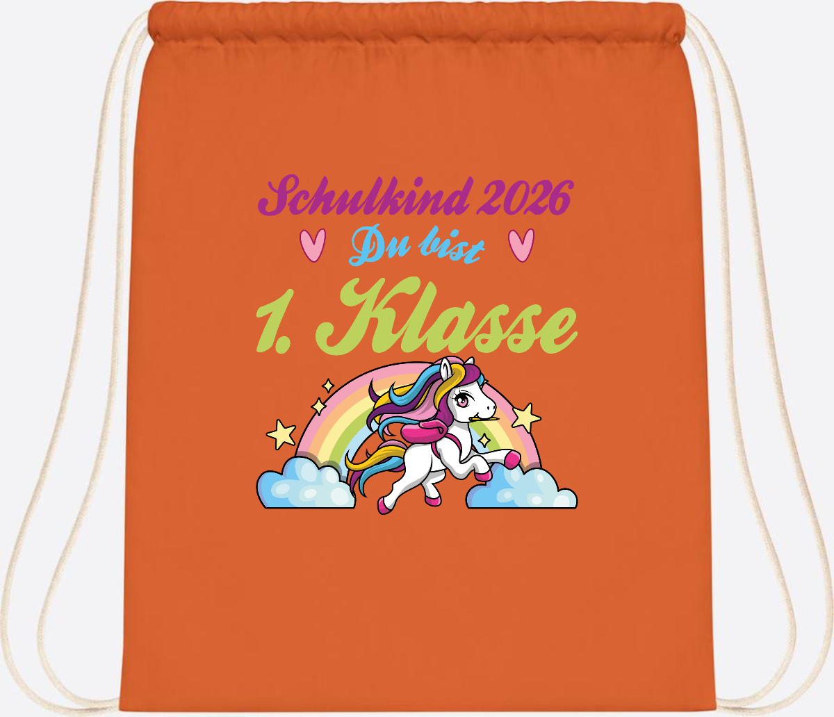 Turnbeutel Schulkind 2026 - Pferd & Regenbogen mit Namen - Orange