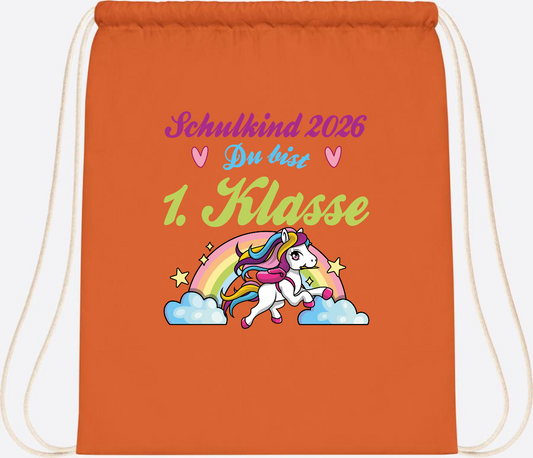 Turnbeutel Schulkind 2026 - Pferd & Regenbogen mit Namen - Orange