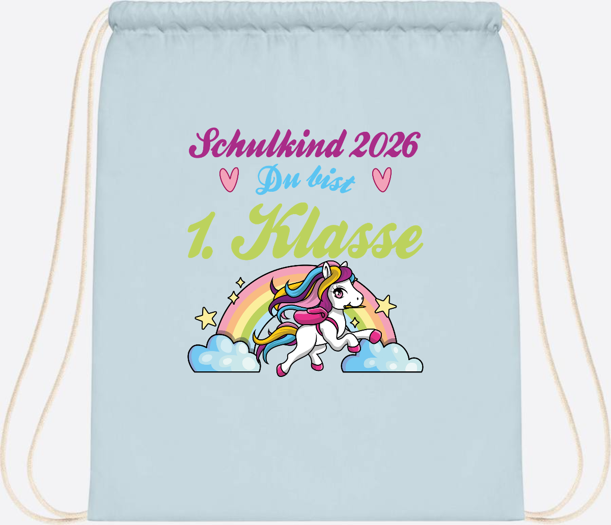 Turnbeutel Schulkind 2026 - Pferd & Regenbogen mit Namen - Pastel Blue/White