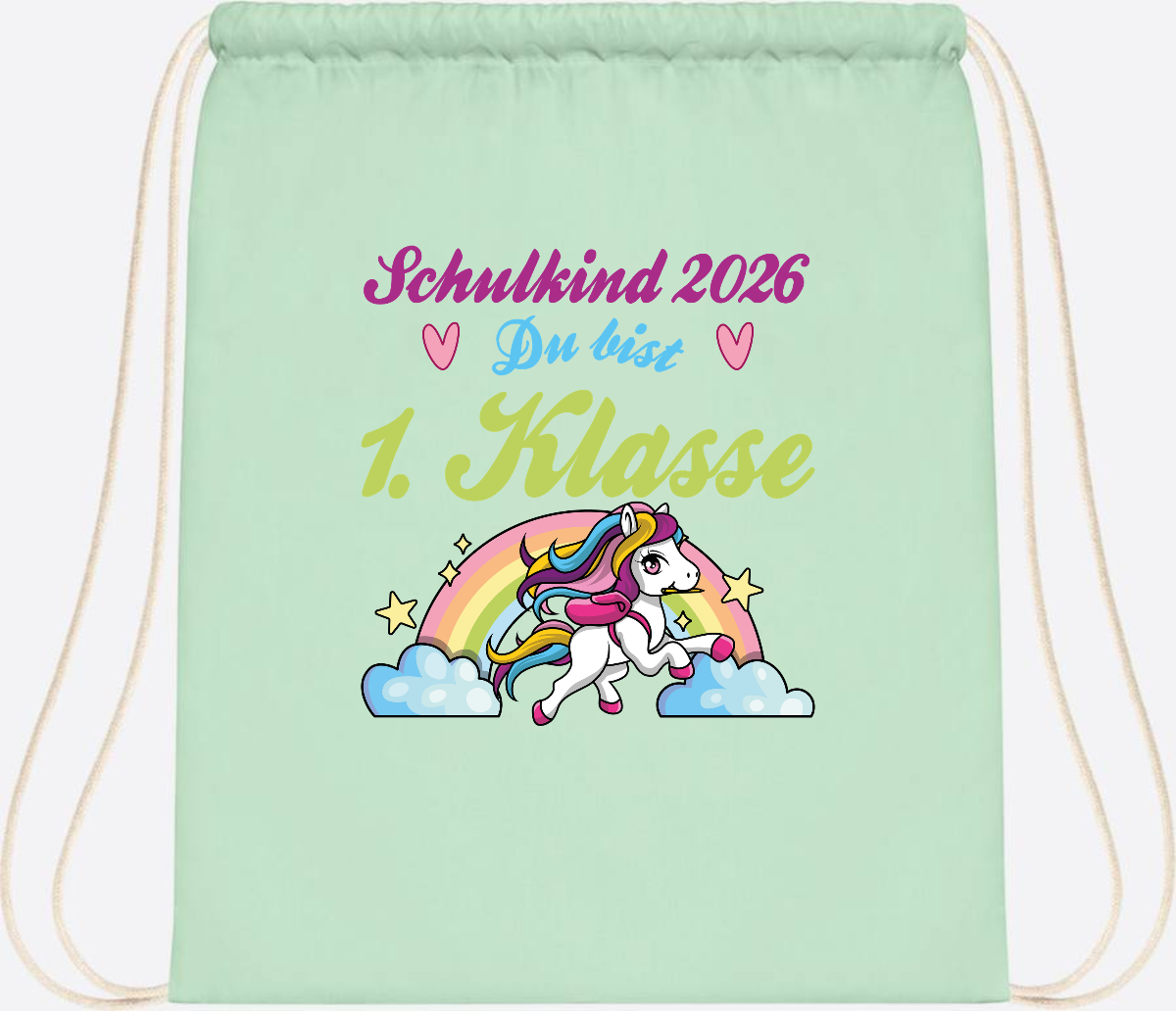 Turnbeutel Schulkind 2026 - Pferd & Regenbogen mit Namen - Pastel Mint/White