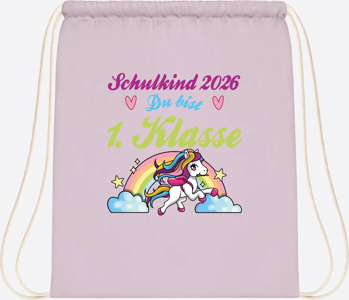 Turnbeutel Schulkind 2026 - Pferd & Regenbogen mit Namen - Pastel Pink/White