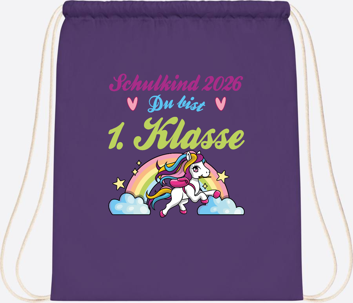 Turnbeutel Schulkind 2026 - Pferd & Regenbogen mit Namen - Purple