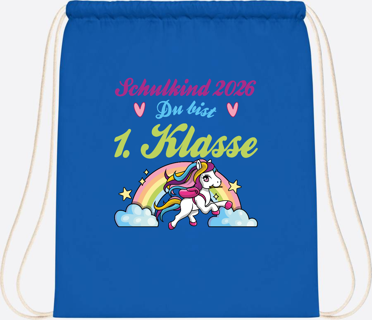 Turnbeutel Schulkind 2026 - Pferd & Regenbogen mit Namen - Sapphire Blue