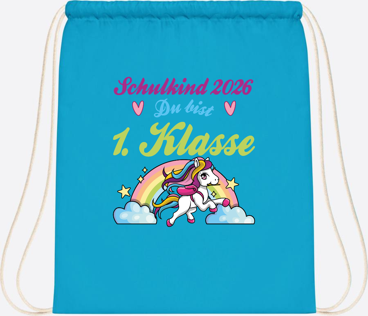 Turnbeutel Schulkind 2026 - Pferd & Regenbogen mit Namen - Surf Blue