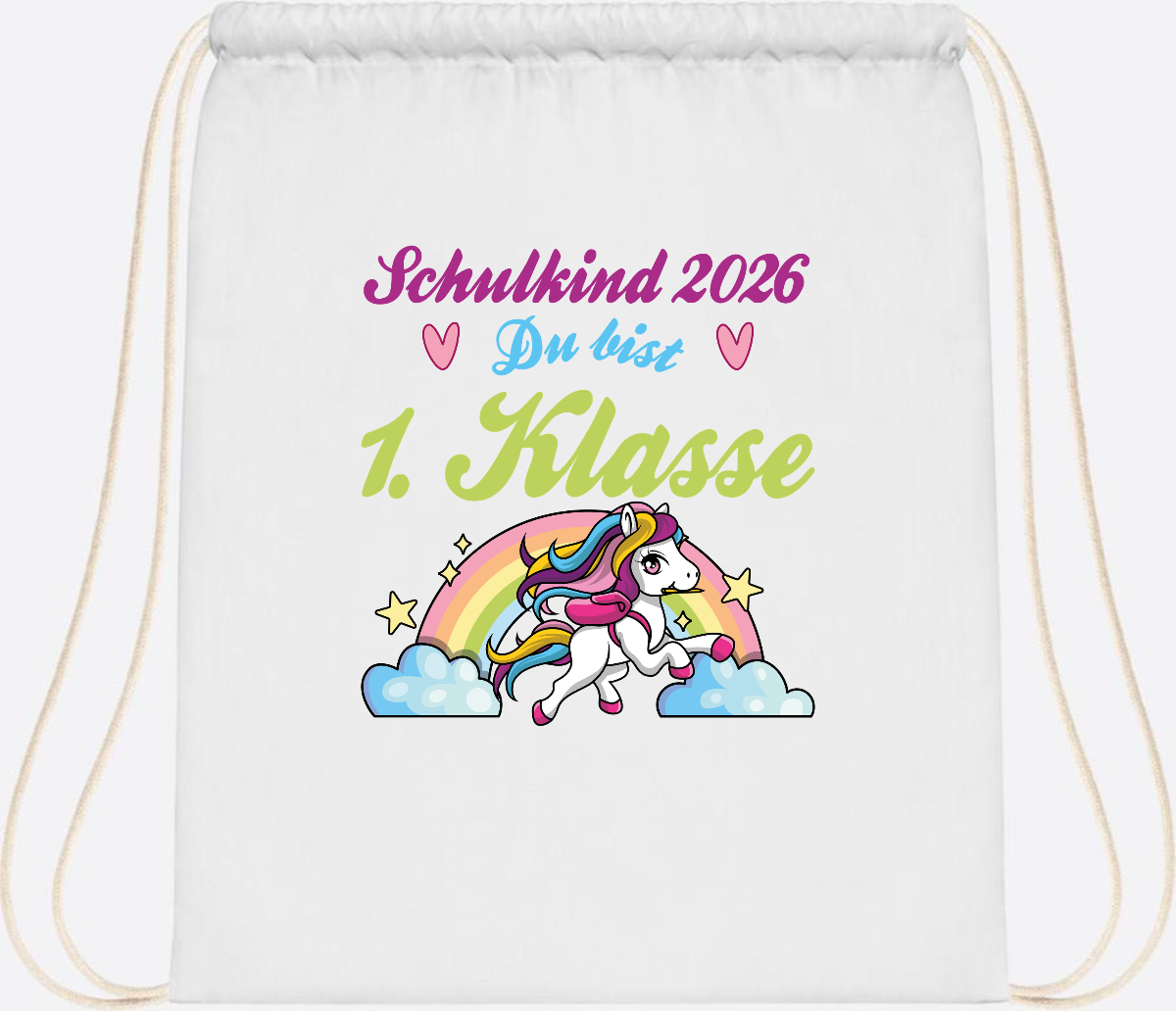 Turnbeutel Schulkind 2026 - Pferd & Regenbogen mit Namen - White