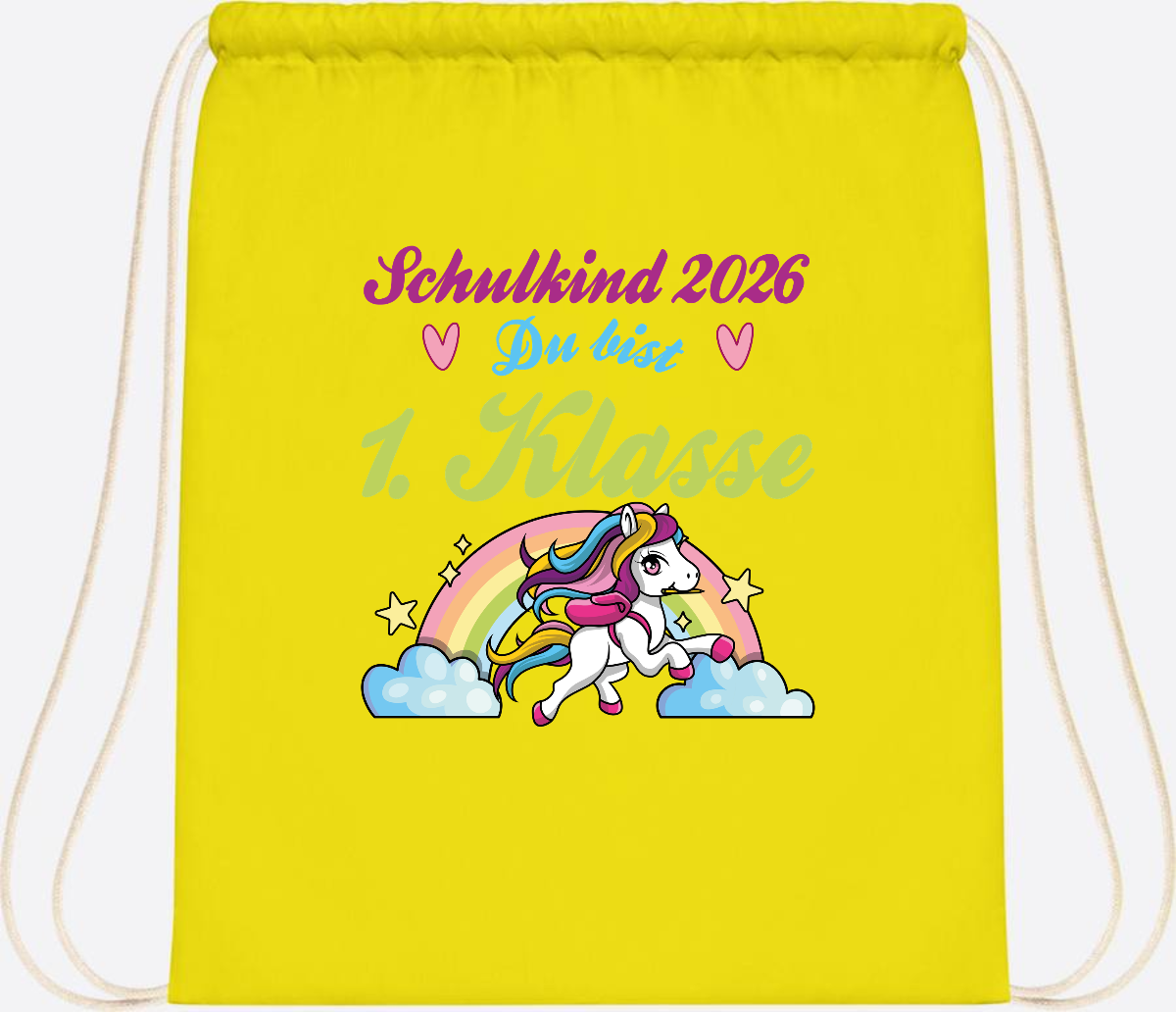Turnbeutel Schulkind 2026 - Pferd & Regenbogen mit Namen - Yellow